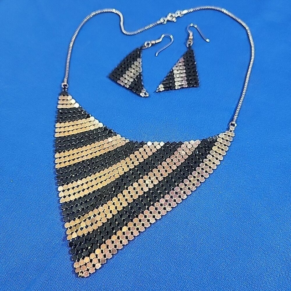 Vintage Metal Chain Mesh Costume Jewelry Set Steampunk Necklace Dangle Earrings
